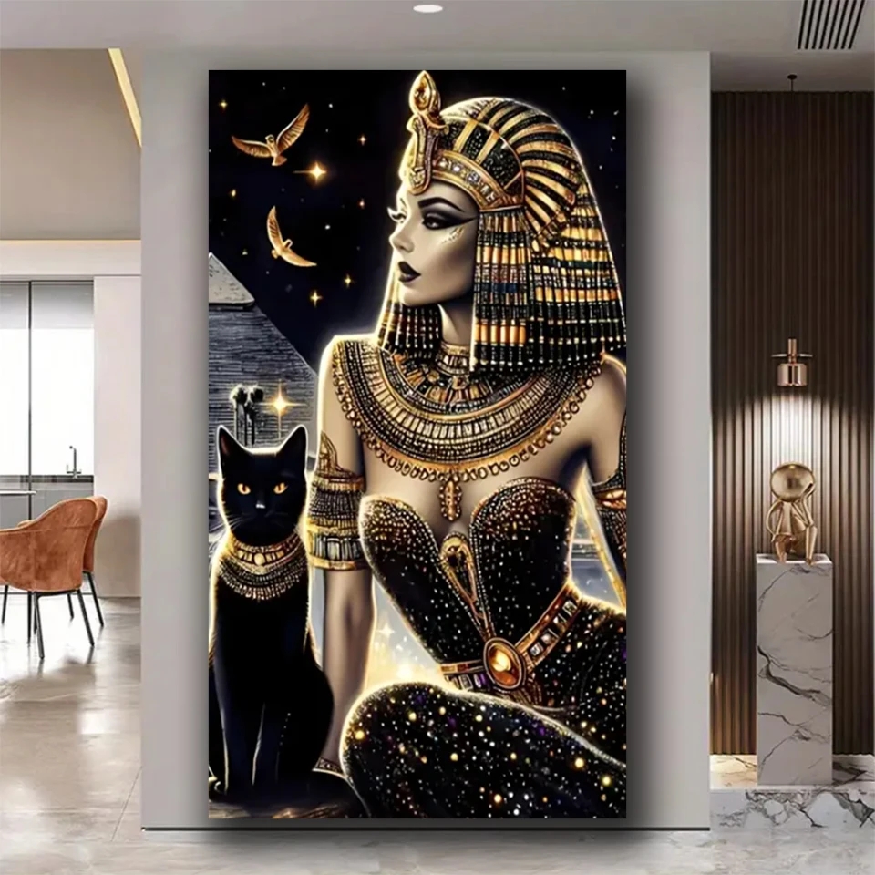 Queen Art Craft - ภาพวาดเพชร DIY สีสันสดใส พระราชินีอียิปต์โบราณกับฉากกลางคืนแมวดำ งานศิลปะเพชร 5D
